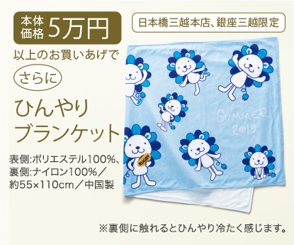 本体価格5万円以上のお買いあげで さらに ひんやりブランケット 表側:ポリエステル100%、裏側:ナイロン100%/約55×110センチメートル/中国製 ※裏側に触れるとひんやり冷たく感じます。